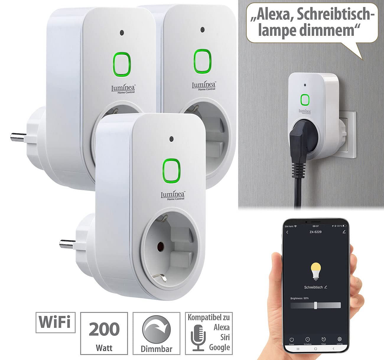 Luminea Home Control Steckdose Schalter: 3er Smarte WLAN-Dimmer-Steckdose mit Phasenabschnittsdimmer bis 200 W (LED-Dimmer, für Lampe, Tisch)