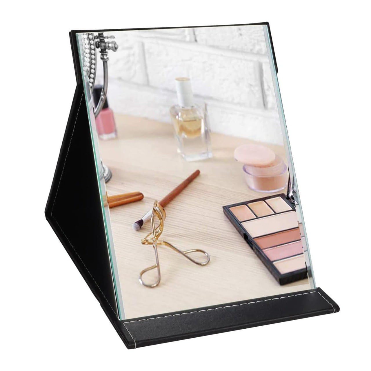 Portable Rectangular Folding Makeup HD Mirror with PU Leather Back for Desktop Adjustable Stand for Travel, Vanity Table, Camping, Beauty Gifts Easy to Carry (Black)-image-38