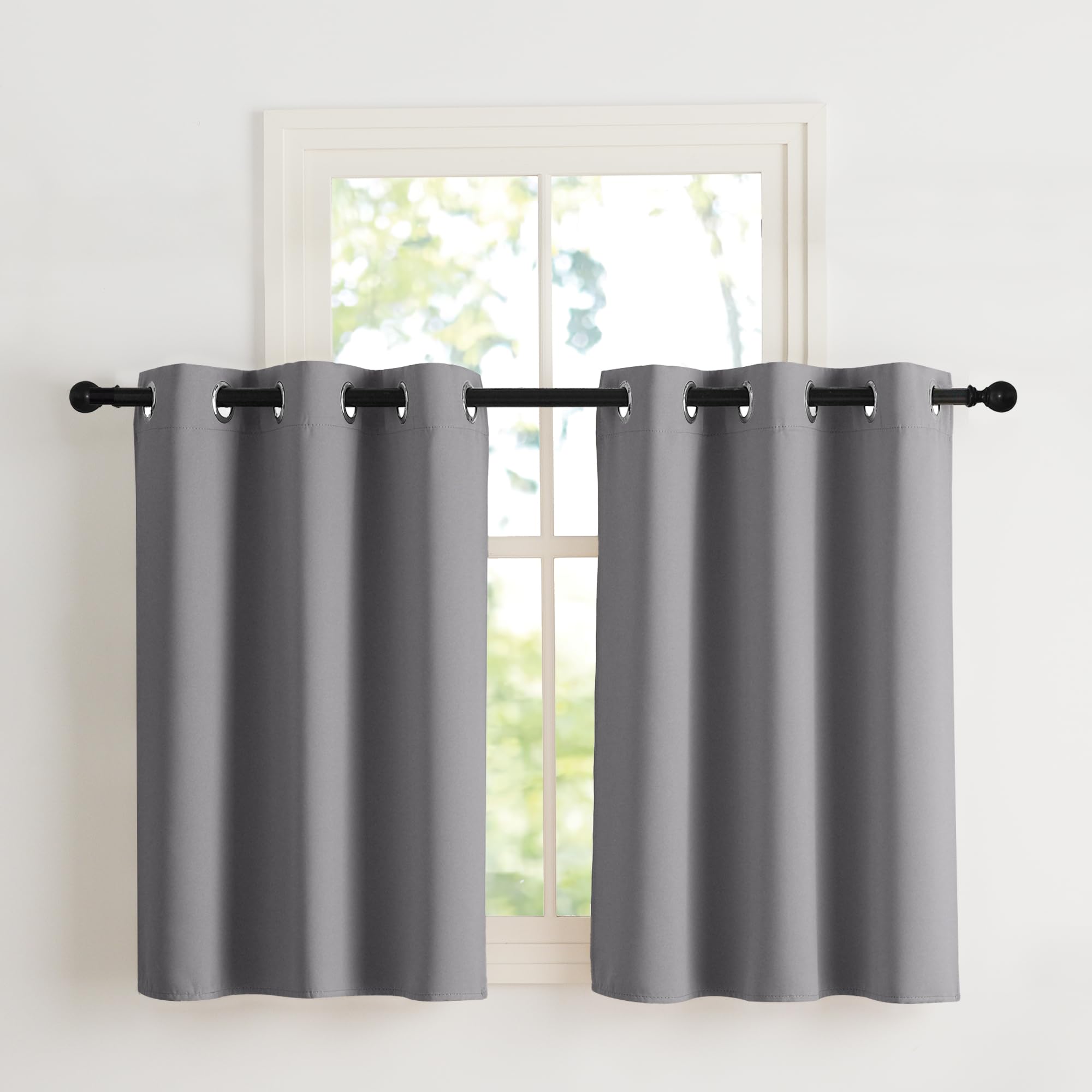 NICETOWN Net Curtains 90 cm High Opaque Curtains Grey with Eyelets 2 x H 90 x W 107 cm Window Curtain Short Blackout Curtains Kitchen Curtains Thermal Curtain