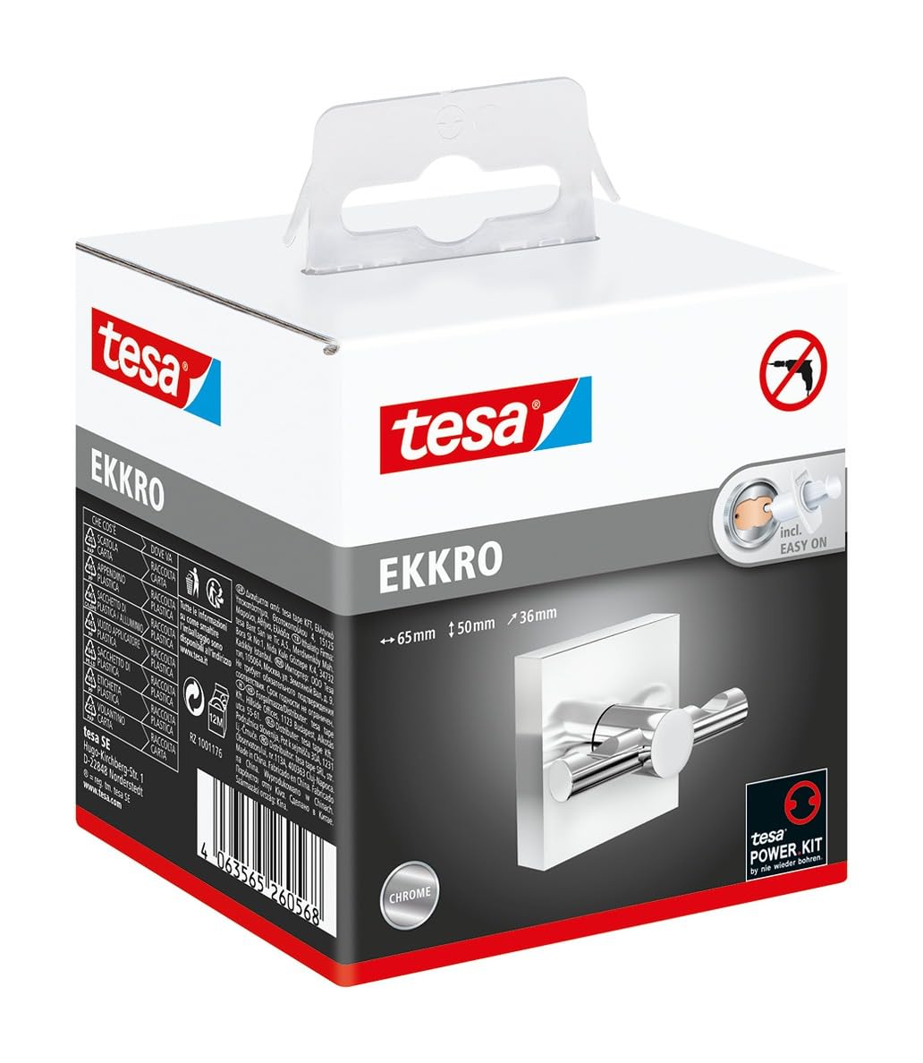 Tesa Uk Silver Tesa Ekkro Towel Hook, High Gloss Chromed Metal, Self-Adhesive, Adhesive Mounting Technology, 50Mm X 50Mm X 63Mm