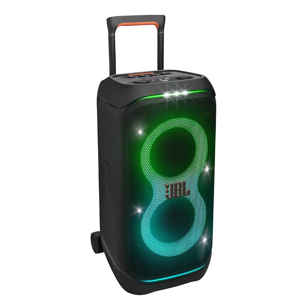 JBL Partybox 320,BITA Award Winner- Best Party Speaker, 240W, AI Sound Boost, Futuristic Light Show, Multispeaker Connection by Auracast, Telescopic Handle & Wheels, Dual Guitar & Mic Inputs (Black) — image 1 of 9