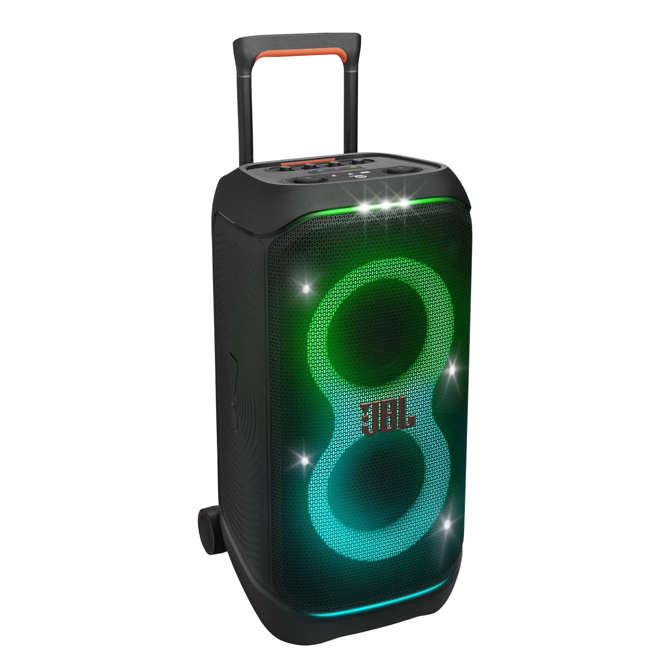 jbl partybox 320, portable bluetooth 240w party speaker, ai sound boost, futuristic light show, multispeaker connection by auracast, telescopic handle & wheels, dual guitar & mic inputs (black)