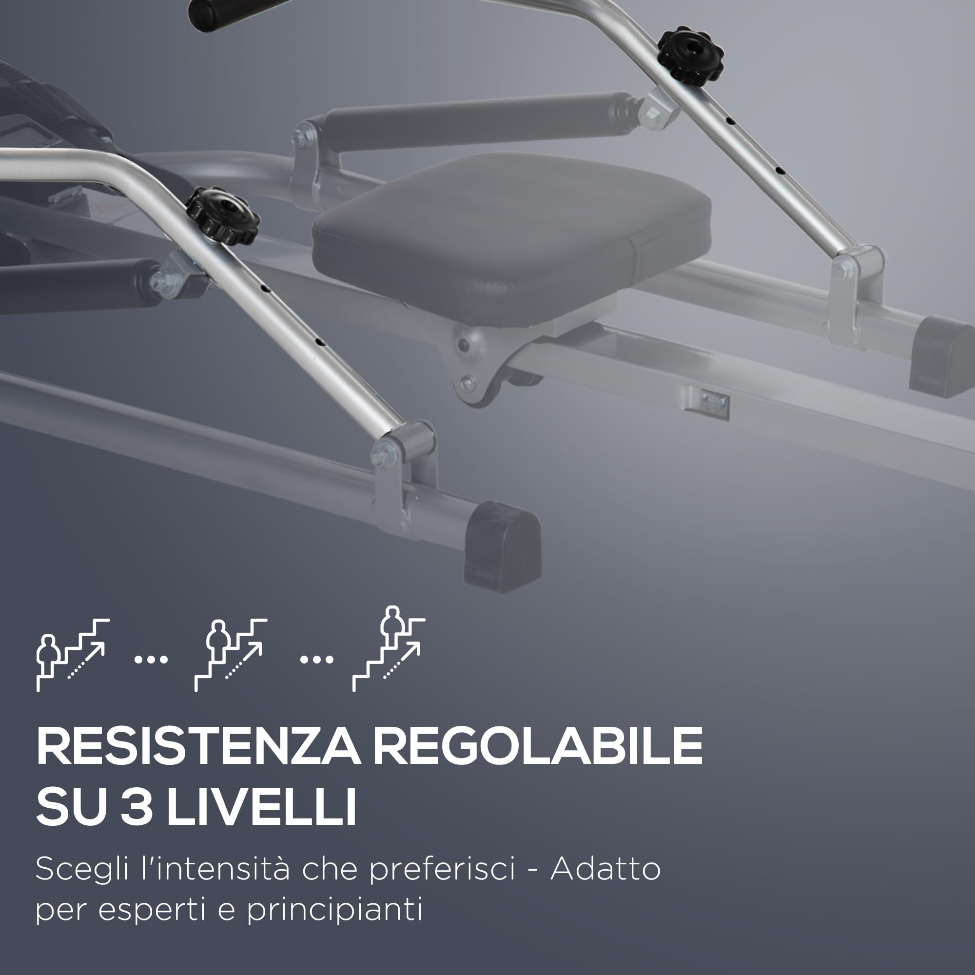 HOMCOM Vogatore Pieghevole per Casa Rowing Machine Idraulica con 3 Livelli di Resistenza e Monitor Digitale, in Acciaio e ABS, 129x70x70 cm, Grigio e Nero