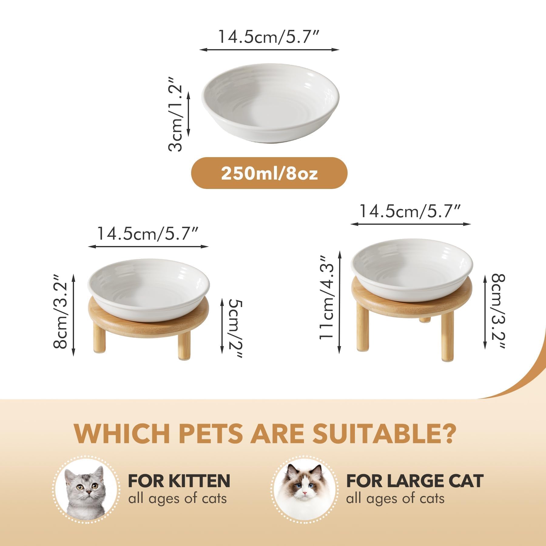 Havniva Lot de 2 gamelles surélevées en céramique pour Chat, Large et antidérapante, avec 2 Supports réglables en Hauteur, pour Animaux domestiques (2 Plats + 2 Supports, Blanc)