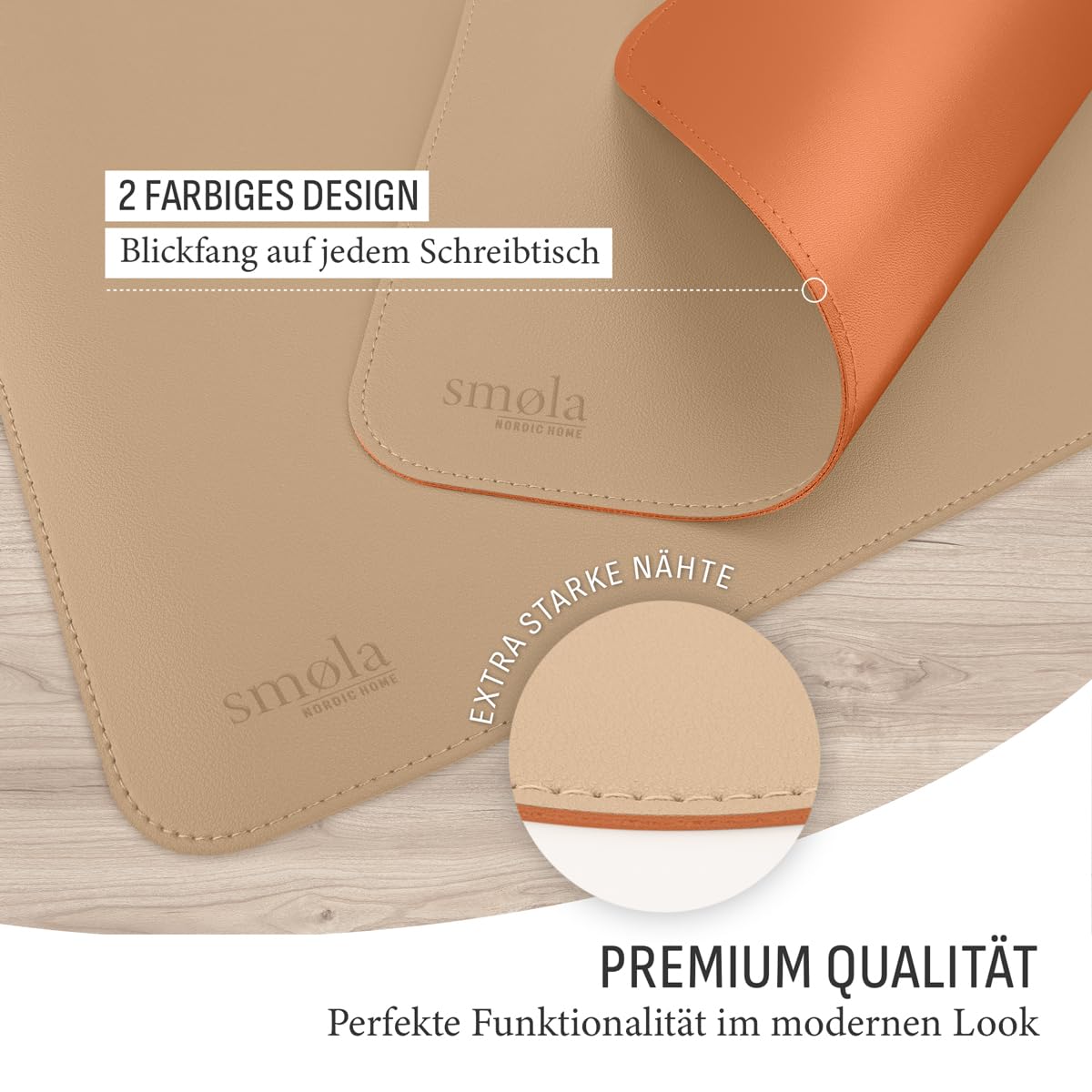 Sottomano da scrivania in pelle PU 85x40 cm lavabile double face sabbia-beige/cognac