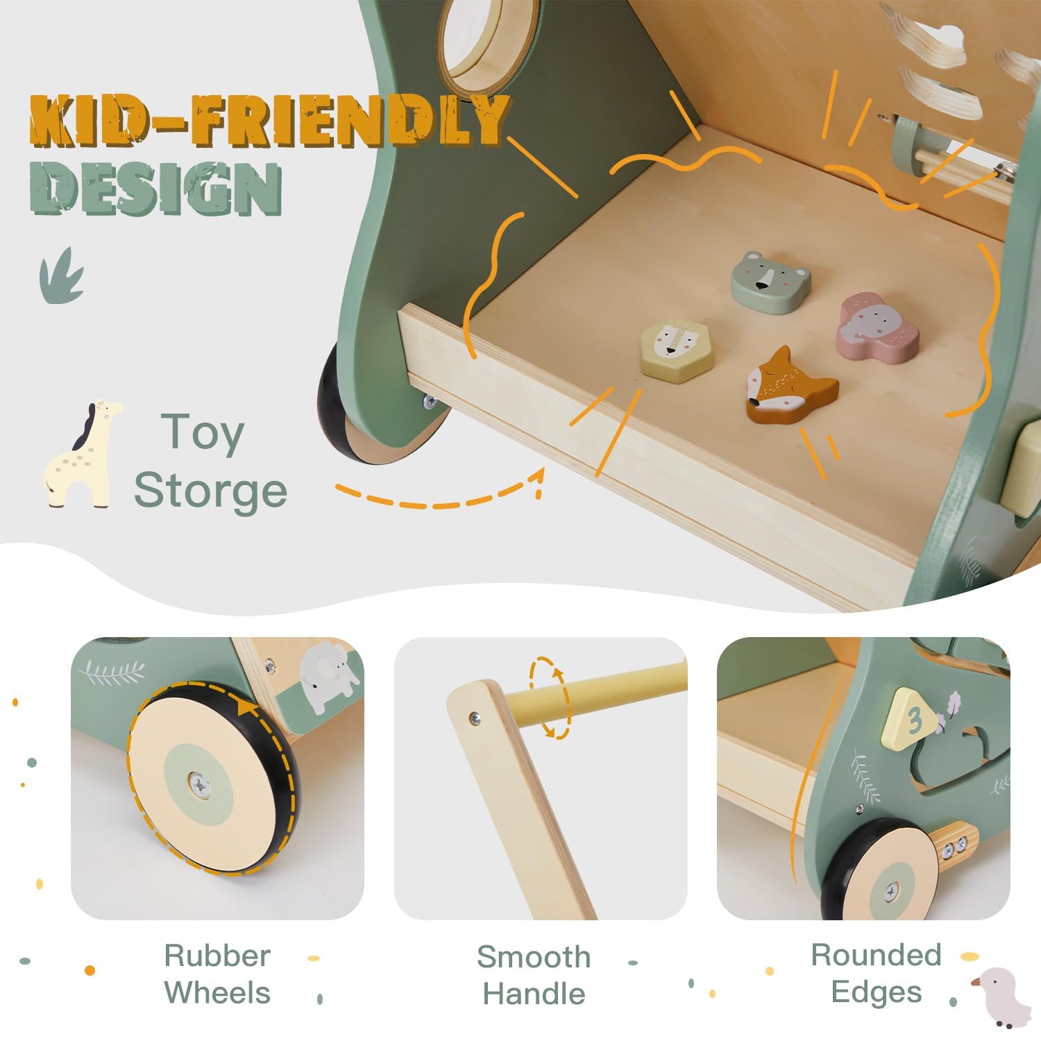 Labebe Passeggino in Legno 8 in 1 - Carrello per Bambini, Girello con Ruote Gommate e Centro Attività, Aiuto per Bambini