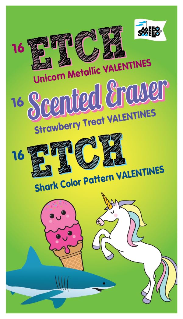 Unicorn Metallic Etch, Strawberry Treat Scented Eraser, Shark Etch Valentines, Set of 48