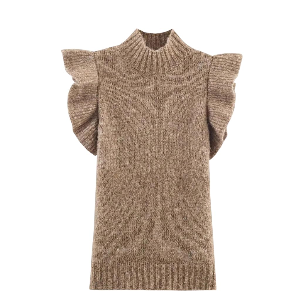 Womens Wool Blend High Neck Sleeveless Knit Top French Layered Decorative Autumn Winter Basic Top