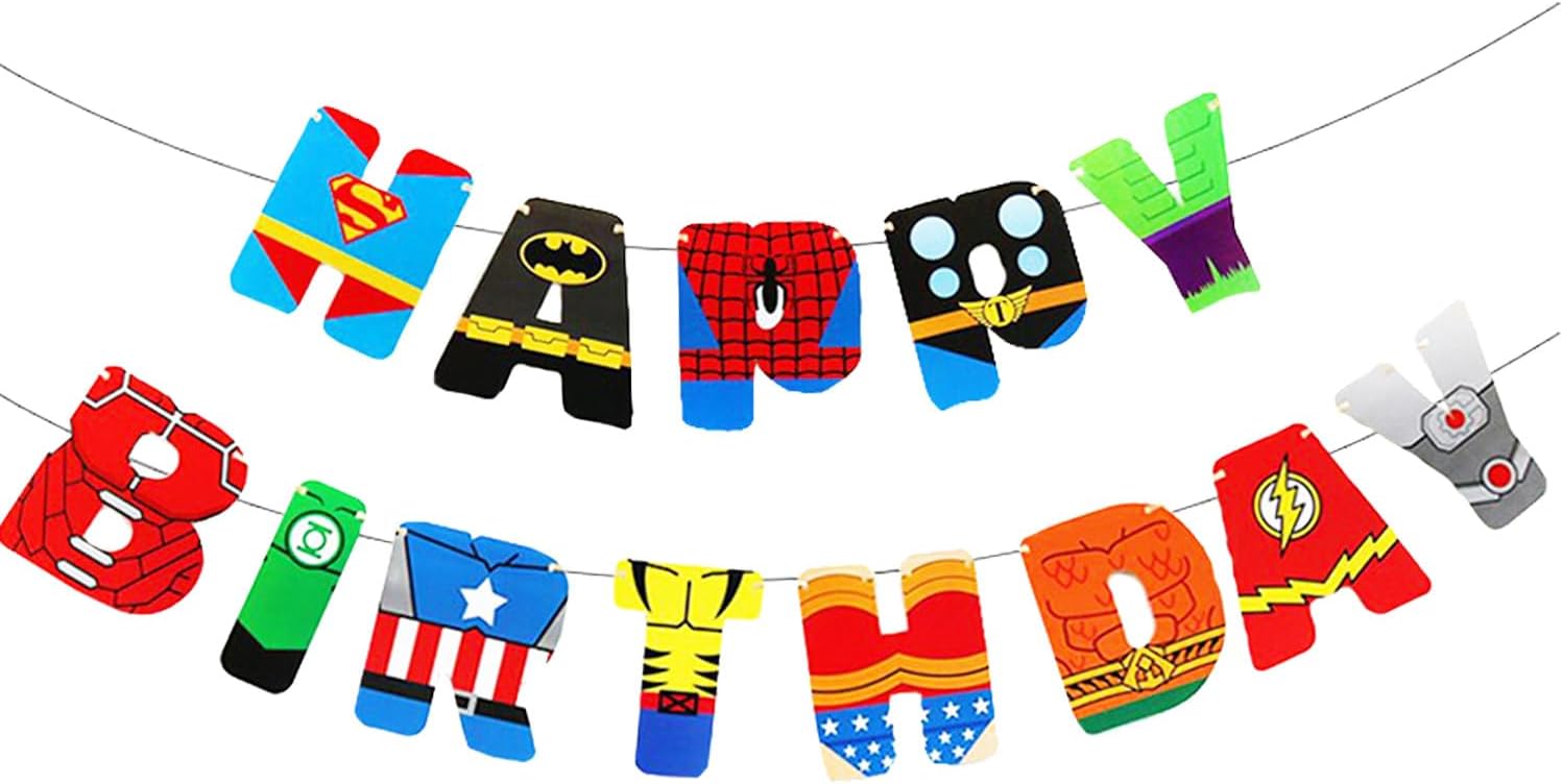 Hero Birthday Banner Cartoon Anime Theme Birthday Decorations Paper Banner for Party Hanging Bunting Decor Home and Outdoor (Hero)