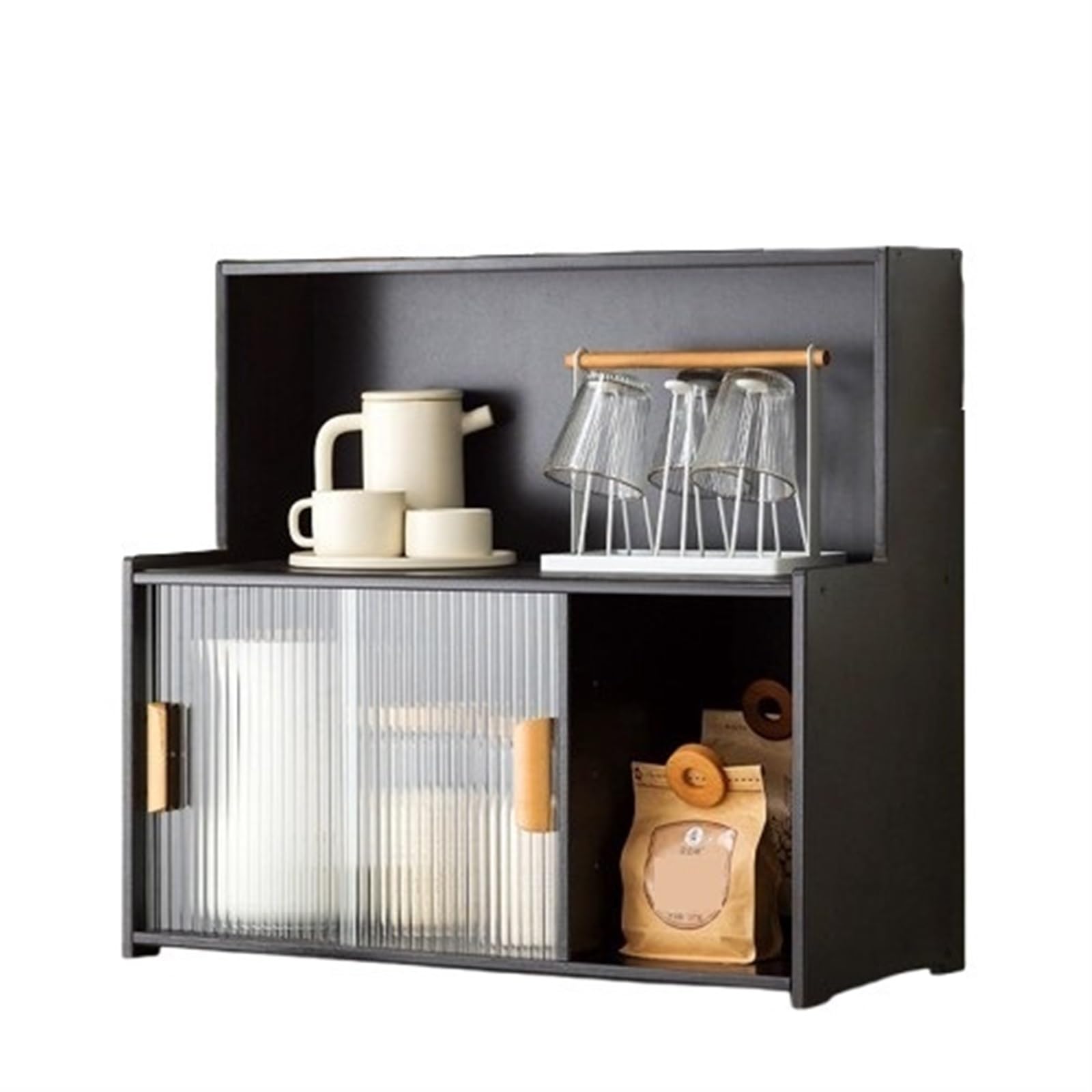 Kitchen Pantry Storage Cabinet Multipurpose Desktop Shelf Bookcase Floor Storage Cabinet with Transparent Door Multi Scenario Use(Black,67cm)