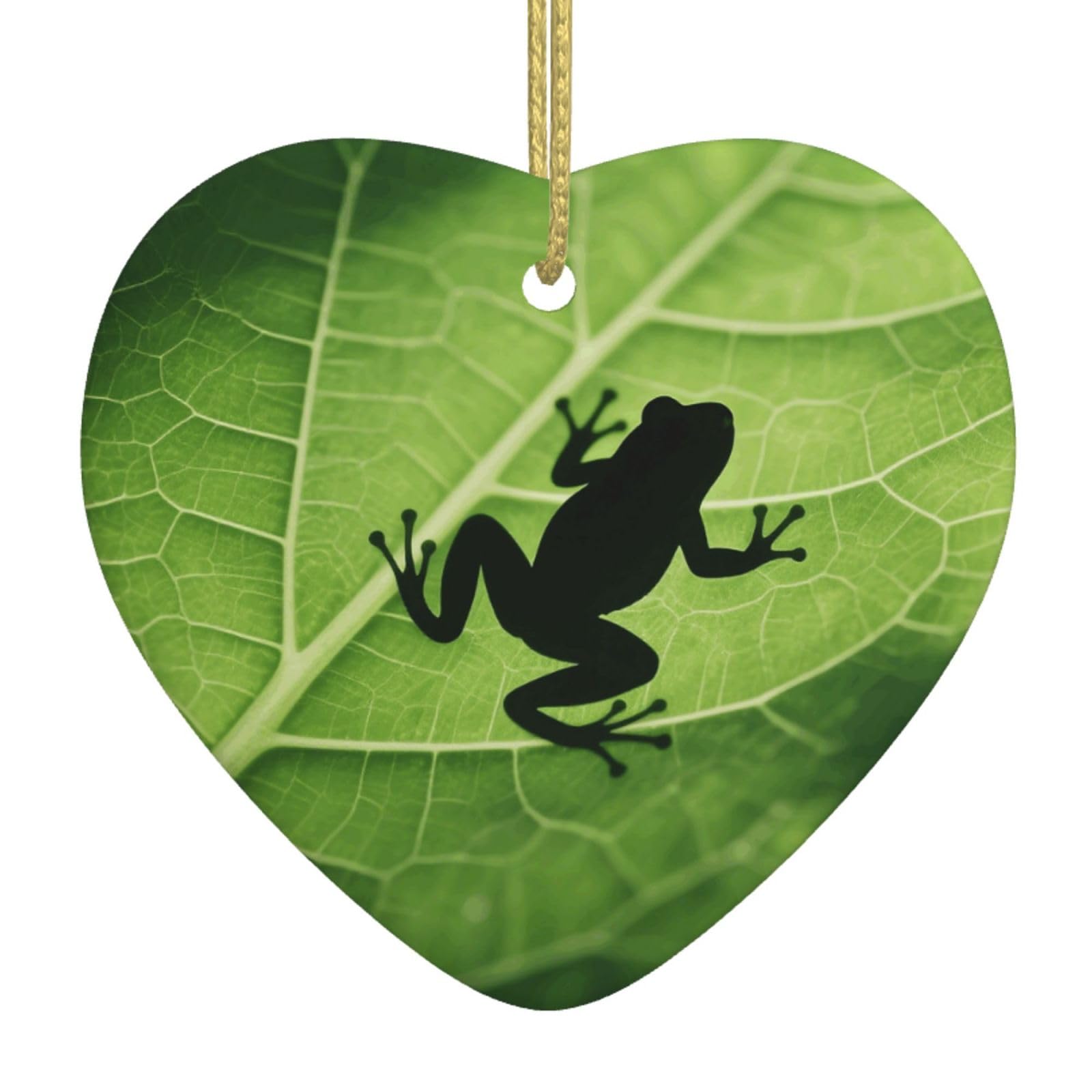 Frog Shadow On The Leaf Christmas Ornament 2025 Heart Ceramic Hanging Ornaments for Home Decor Christmas Decorations with Gold Rope Double-Sided Xmas Tree Ceramic Hanging for Holiday Party