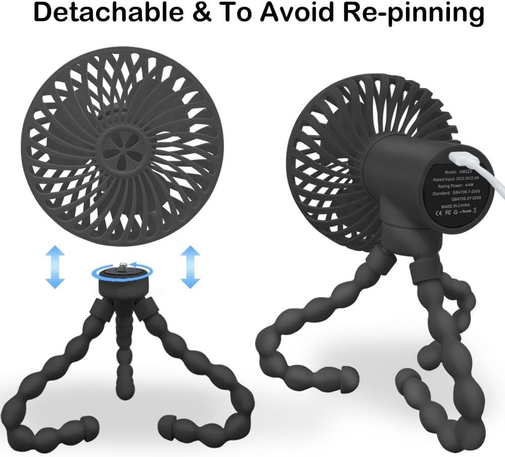 COMBLU Tragbarer Kinderwagen-Ventilator, Mini-Baby-Ventilator mit flexiblem Stativ-Clip, wiederaufladbar, batteriebetrieben, schwarz