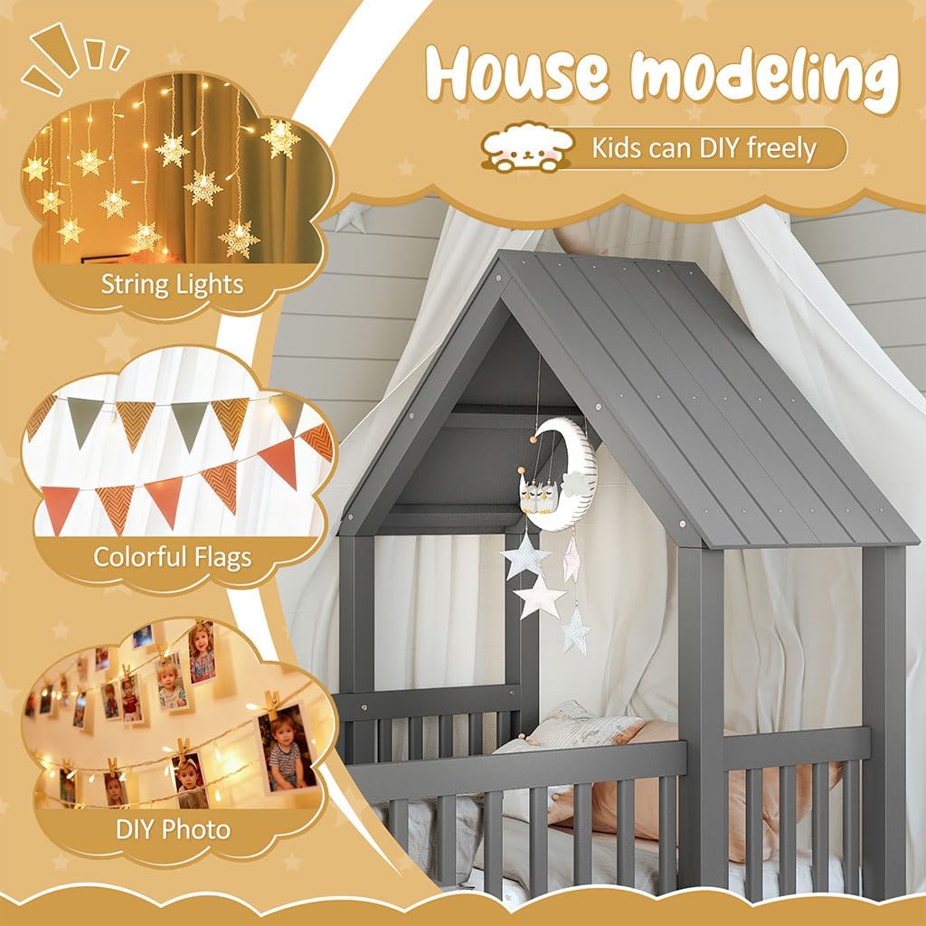 Twin Size House Floor Bed, Montessori Double Twin Floor Bed for Kids, Low to Ground with Door and Guardrails, Solid Wood Frame for Sleep and Play,Gray