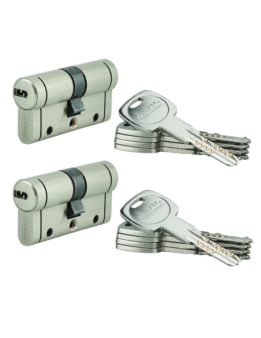 THIRARD - Cilindro Trafic 12 Alta Sicurezza - Set di 2 - Nichel - Ø 30 x 30 mm - 8 Pistoncini - Anti-Strappo, Anti-Perforazione, Anti-Scasso - 10 Chiavi Piatte Reversibili - Grigio