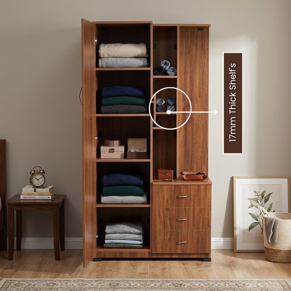 CASPIAN Engineered Wood Single Door Wooden Wardrobe (Rainforest Brown) | Pre-Assembled Furniture with Mirror & Vanity Dressing Table | Bedroom Clothes Storage Organizer with 5 Shelves & 3 Drawers-image-45
