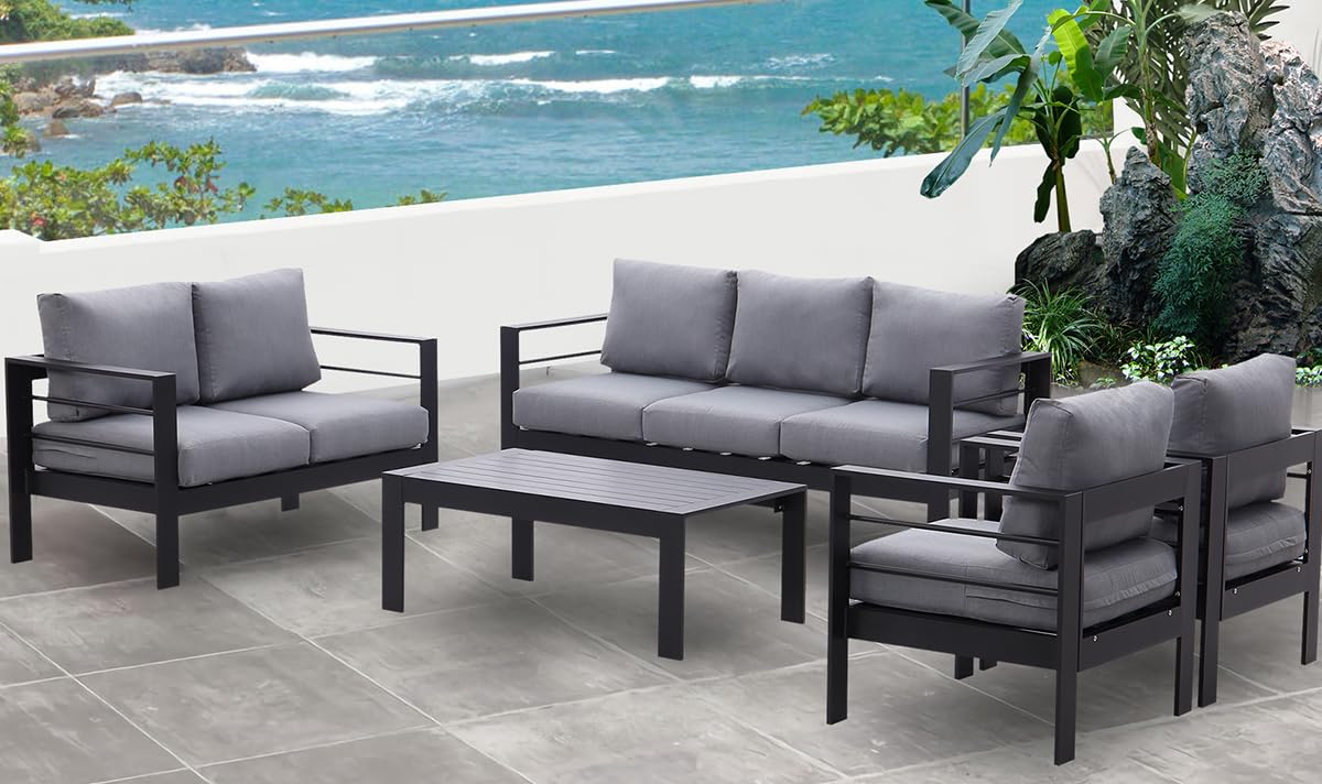 GLP Gartenmöbel Set Aluminium 6-7 Personen, Terassenmöbel Wetterfest mit Sofa, Tisch, Hocker & Kissen, Gartenlounge Set für Innen- und Außenbereich (Schwarz & Dunkelgrau)