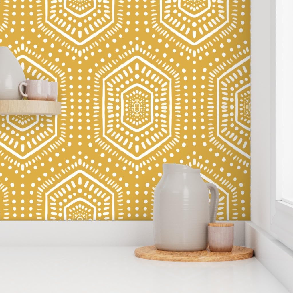Spoonflower Peel & Stick Wallpaper Swatch - Boho Mustard Yellow Dots Paint Tribal Bohemian Hexago Custom Removable Wallpaper
