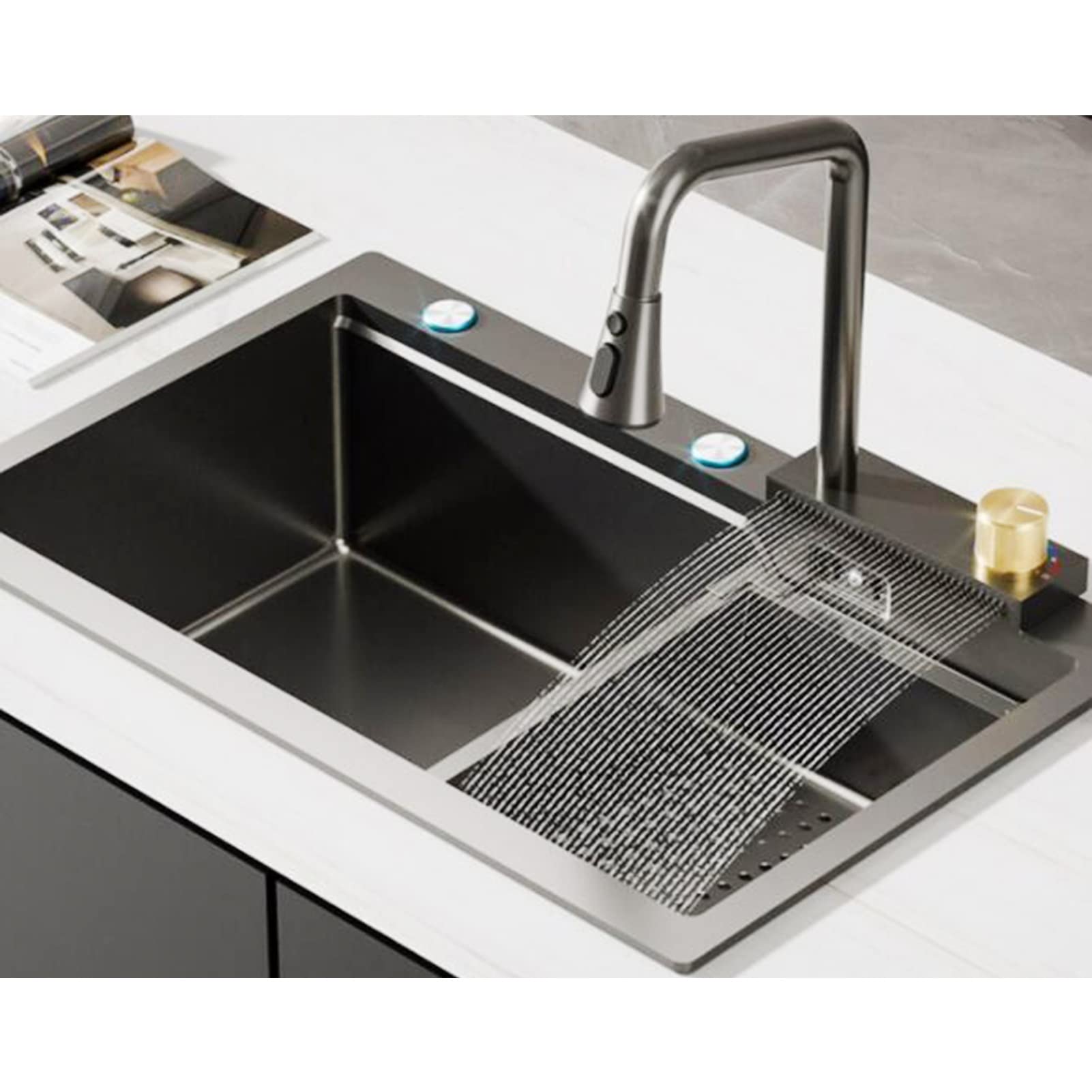 ZQFHSX Kitchen Sink 304 Stainless Steel Nano Raindance Waterfall Home Vegetable Basin Single With Faucet, Basin-in-Basin, Drop-In Or Undermount Installation (Size : 68x45cm)