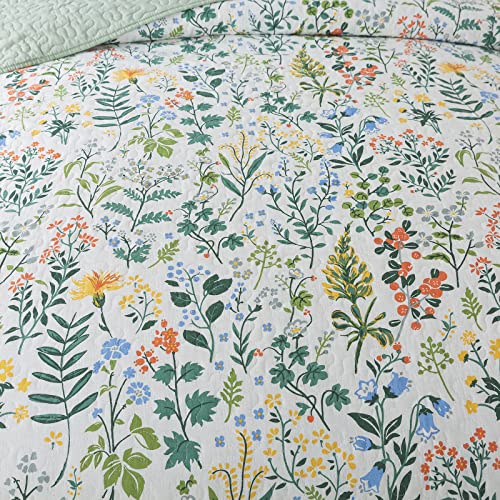 NEWLAKE Cotton Bedspread Quilt Sets-Reversible Patchwork Coverlet Set, Green Classic Floral Pattern, King Size