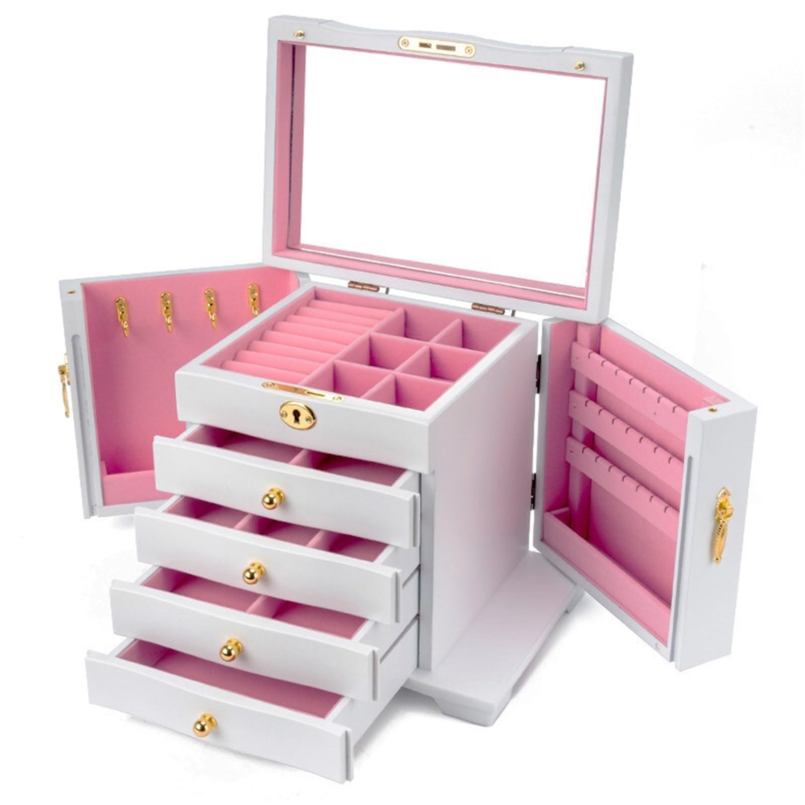 CLQYXRMVC Jewelery Box Wooden Jewelry Box 5-Tier Vintage Case With Mirror For Earrings, Rings, Necklaces, And More Jewellry Organizer Case(Pink)