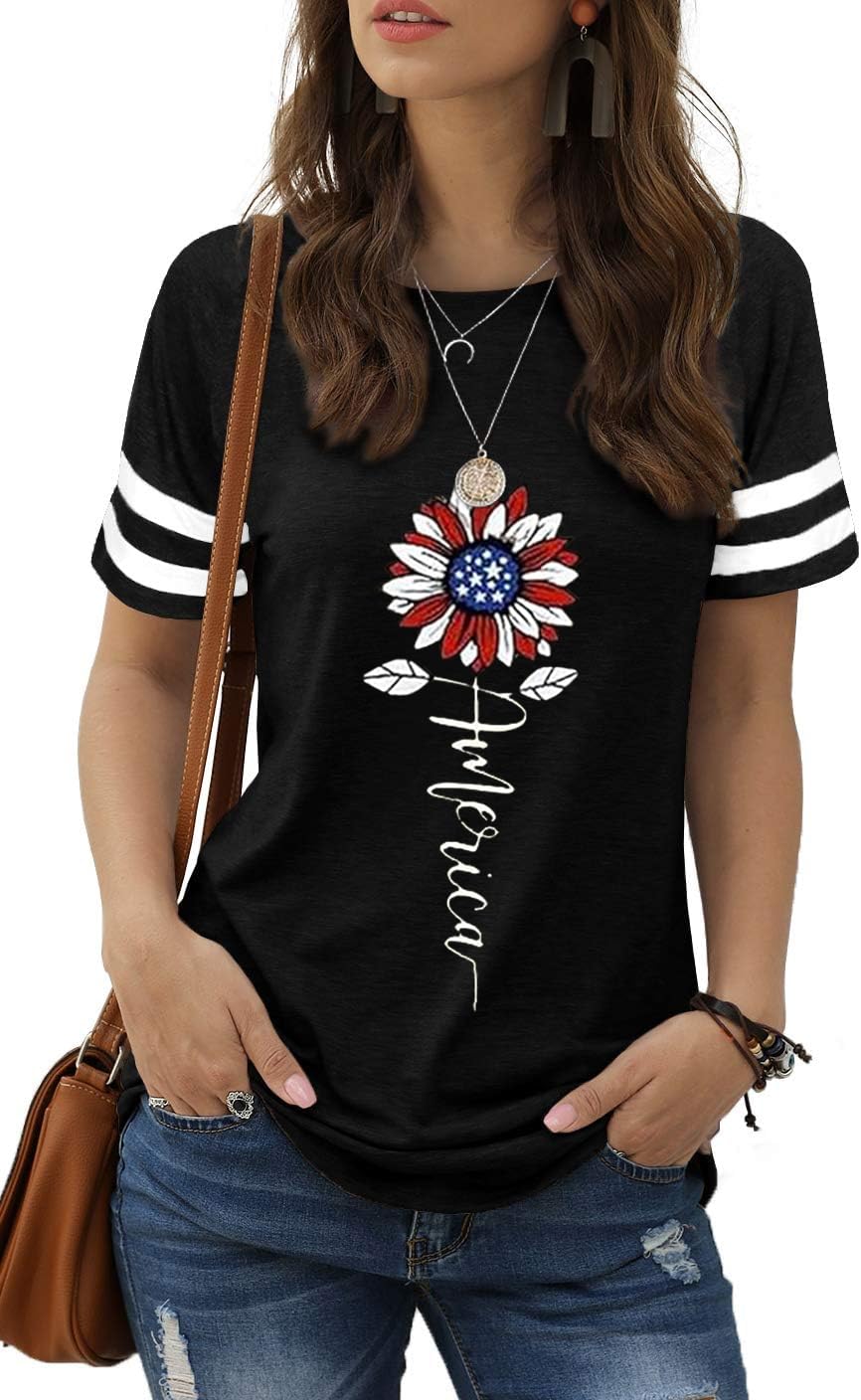 hcihgzr American Flag Shirts for Women 4th of July T-Shirt USA Flag Patriotic Shirt Stars and Stripes Summer Tees