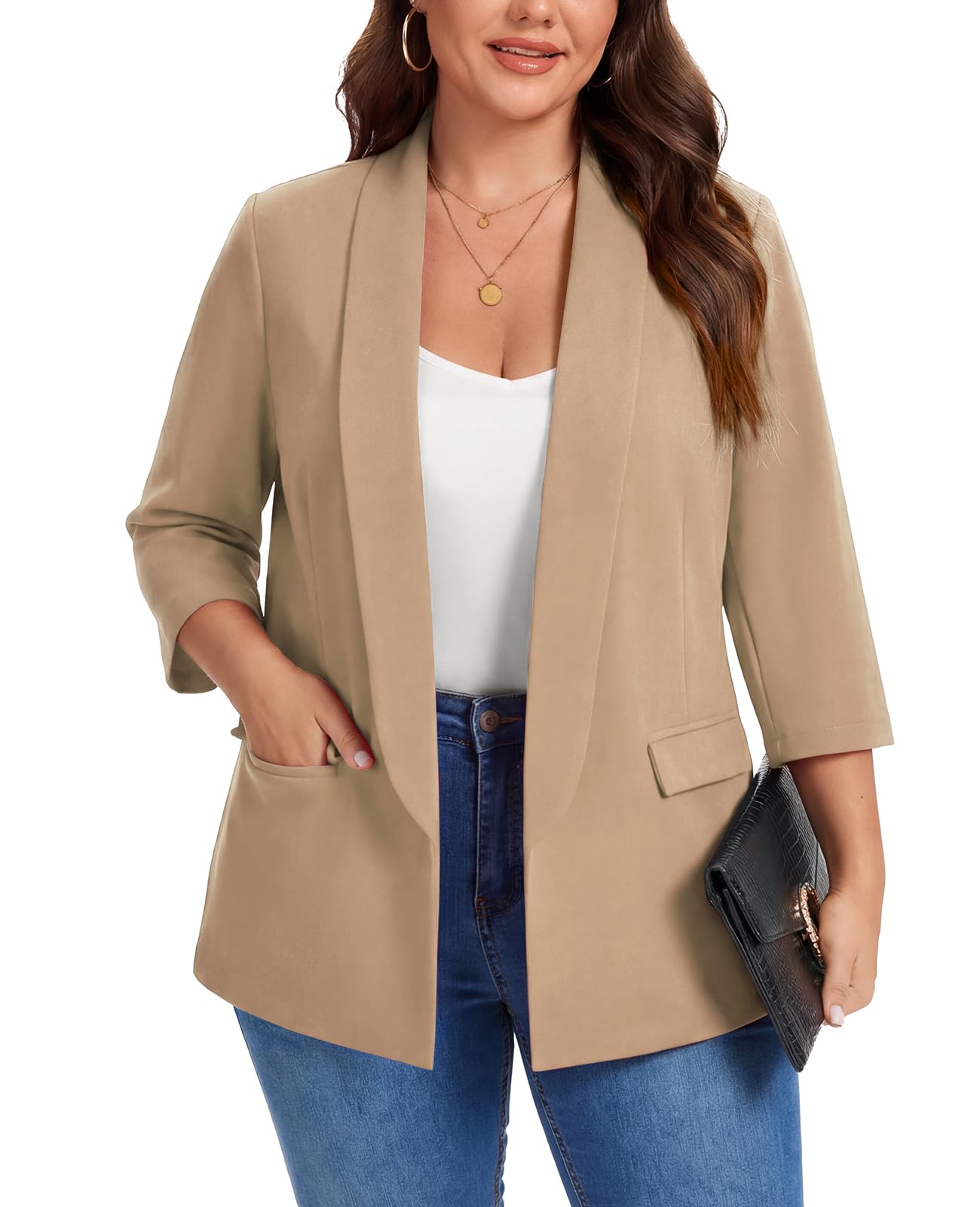 XL-5XL Plus Size Scarf Lapel Blazer Women 3/4 Sleeve Suits Half Lined and Flap Pockets Daily Wear Casual Outerwear-image-36