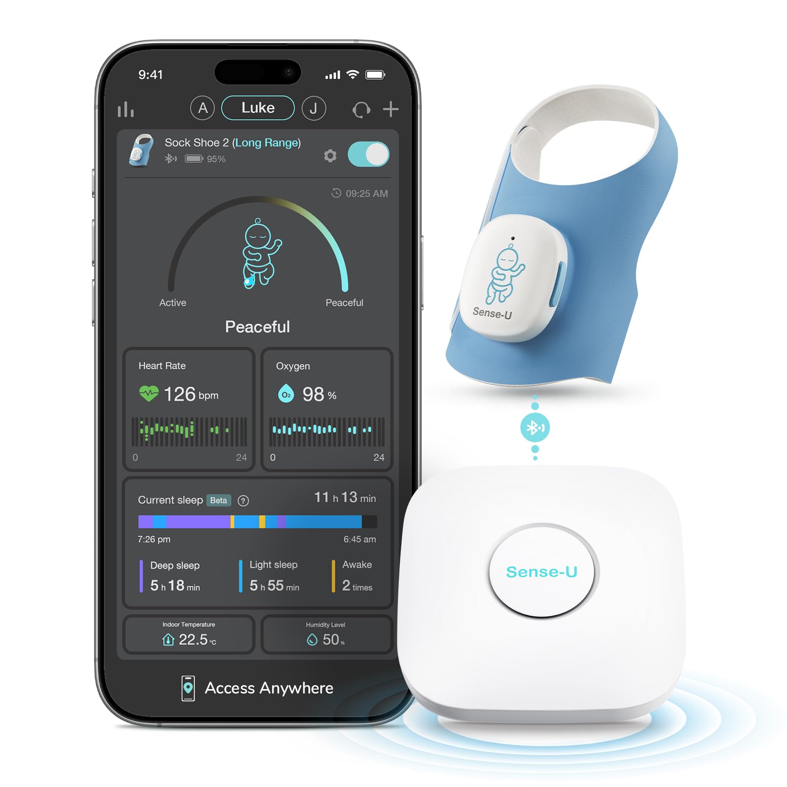 Sense-U Smart Sock Shoe 2 Moniteur bébé longue portée avec station de base – Suivi de la fréquence cardiaque et du sommeil avec capteur de pied PPG transmissif, pour 1 à 18 mois