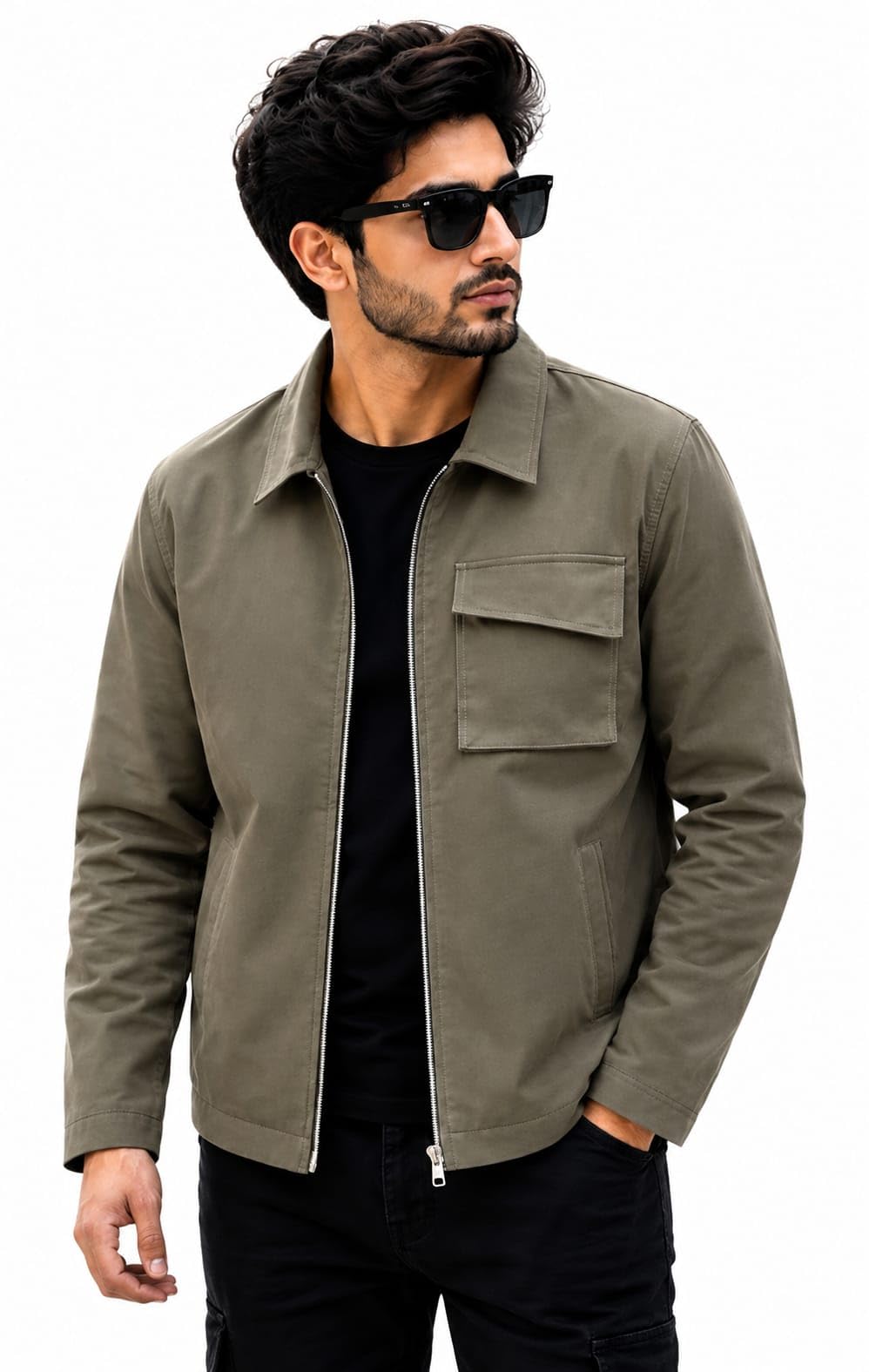 men's regular fit full sleeve casual utility jacket with front zipper & multi-pocket design | lightweight solid jacket for men – olive green
