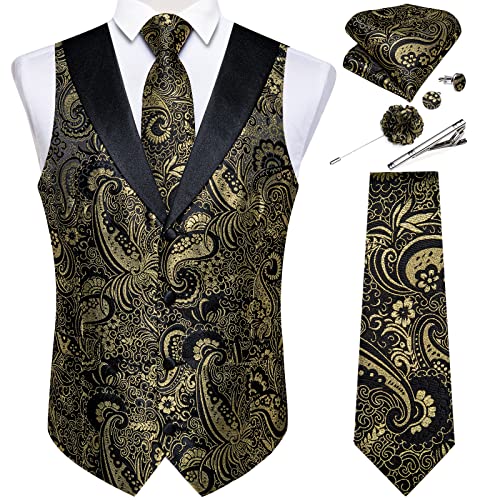 Image of DiBanGu Mens Paisley Suit Vest Silk Jacquard Waistcoat and Necktie Set Formal Shawl Collar Dress Vest 7PCS for Wedding Party