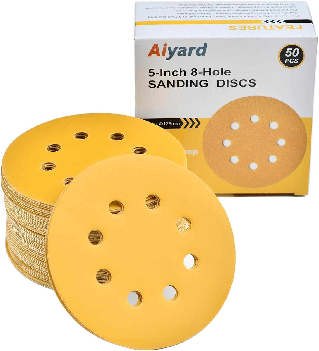 5-Inch 8-Hole Hook and Loop Sanding Discs 800-Grit, 50-Pack | Random Orbital Sandpaper for Automotive and Woodworking