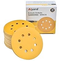 Vista 13 de Discos de lija de 5 pulgadas, 8 agujeros, gancho y bucle, granos surtidos 60/80/120/220/400, disco de lija dorado para lijadora orbital, paquete