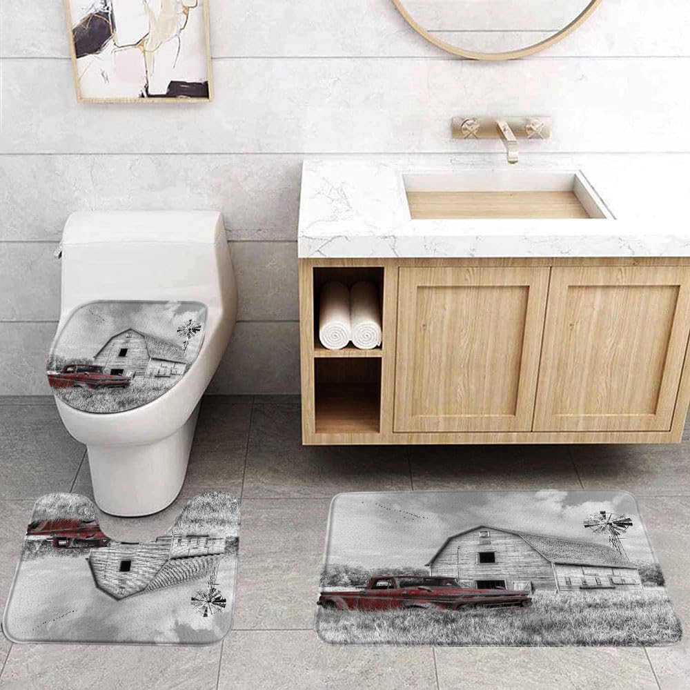 Vintage Farm Truck 3 Pcs Bath Rugs Set,Rustic Wooden Barn American Old Antique Car Farmhouse Windmill Western Country Bathroom Kitchen Rug with 16