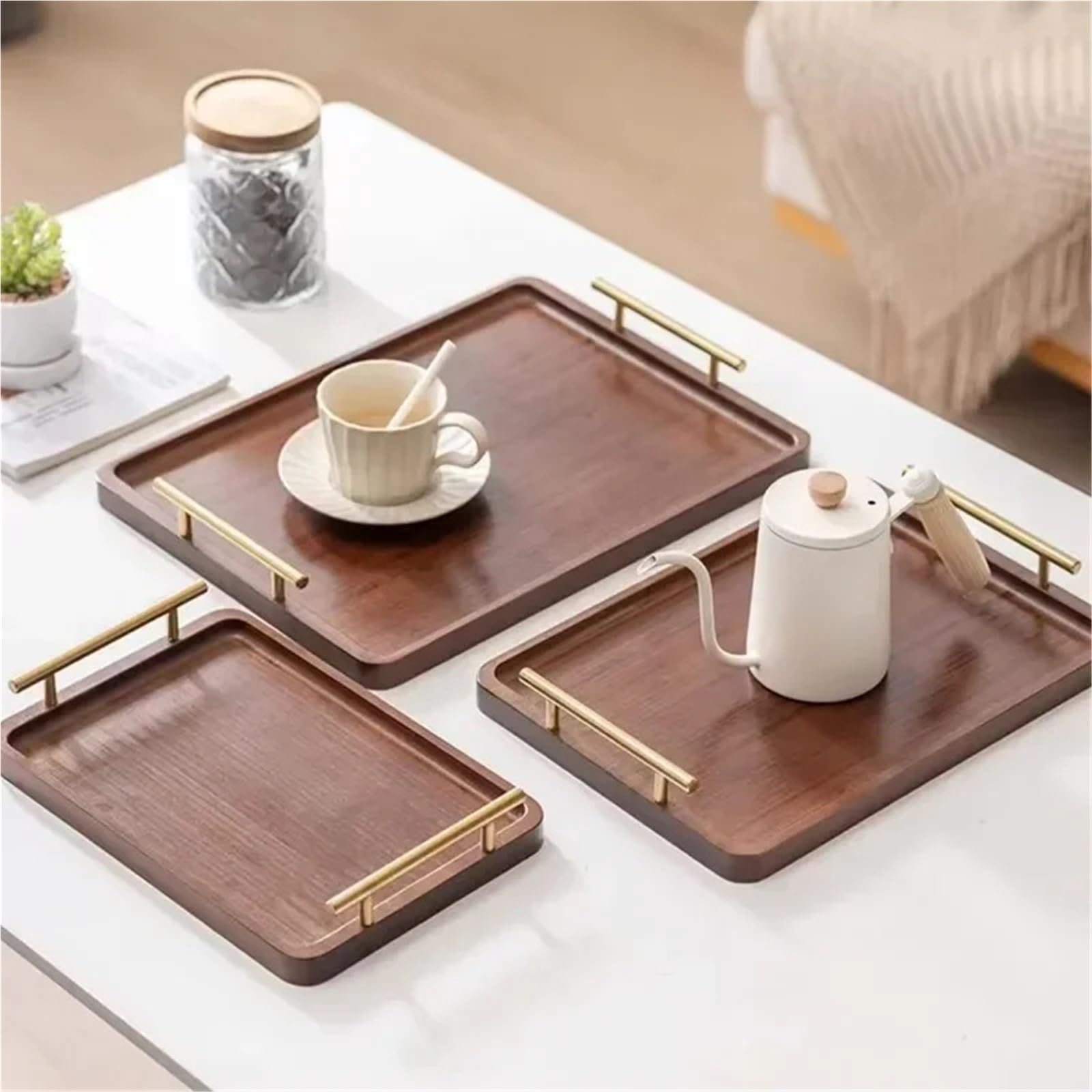 Bandeja Rectangular de Madera con asa de Metal Dorado para Servir Agua, Frutas, Comida y artículos Diversos (36 x 25 x 5 cm)