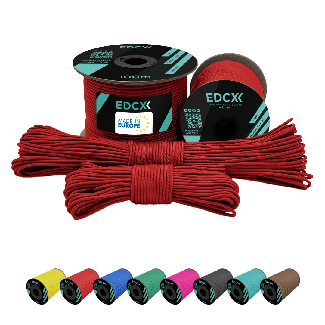 EdcX Paracord 2mm Nylon Paracord 275 (15, 30, 50 and 100 m)– 100% Nylon Rope, 3-Strand Cord, Nylon Cord Paracord 2mm in Many Colours (Light Red, 15 m)