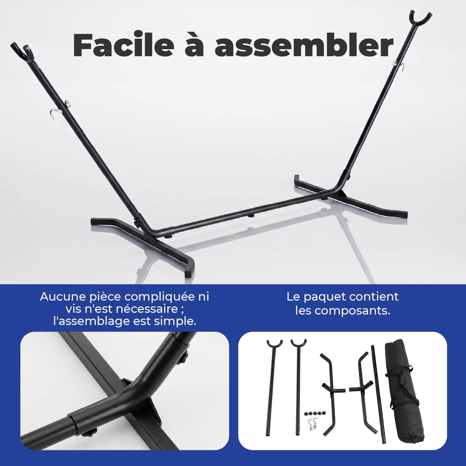 Support hamac Exterieur, Base en Tubes carrés améliorée pour Une stabilité Accrue, Hauteur réglable Il Existe 6 Niveaux de Hauteur réglables, 260L x 97B x 109H cm