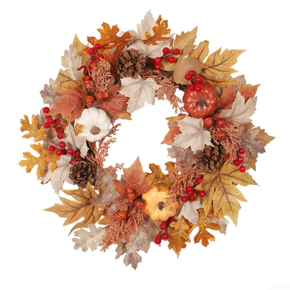 Couronne de porte d'automne 50,8 cm : base vigne naturelle avec citrouilles et baies