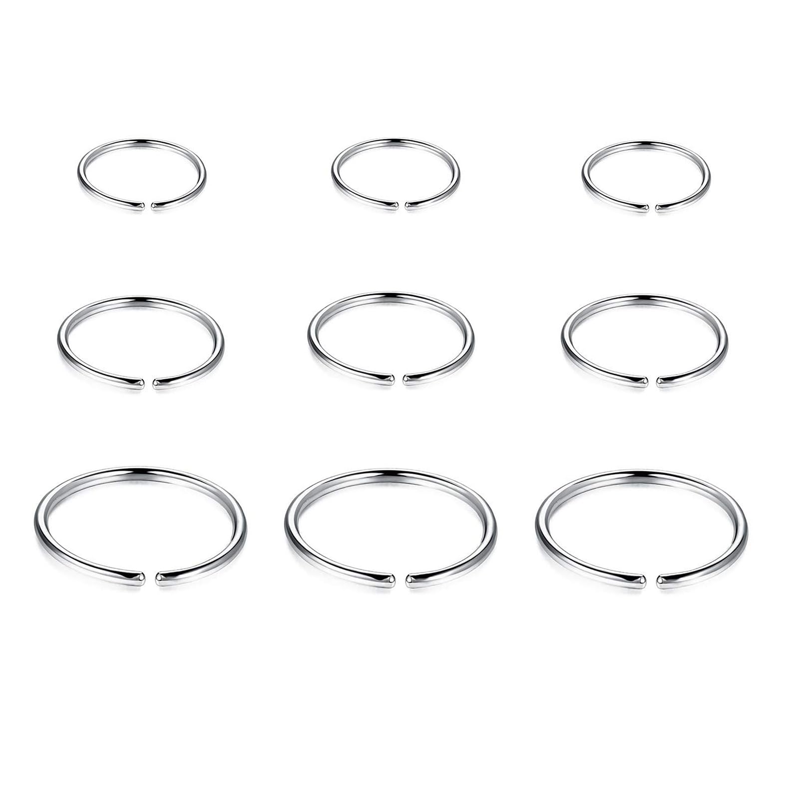 Ryaupy Conjunto de 9 Piezas de Piercing de Acero Inoxidable para Nariz, Tabique, Cartílago, Hélice y Oreja - Anillos de Nariz de 6 mm, 8 mm, 10 mm - Para Mujeres y Hombres (Plata)
