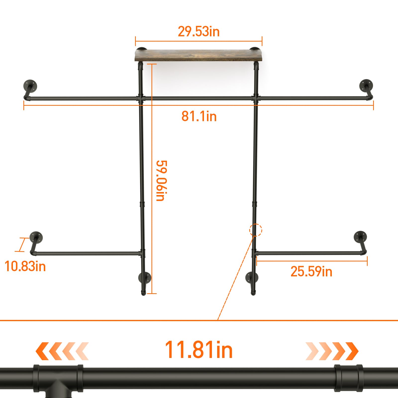 YheenLf Portant à Vêtements Industriel, Penderie Murale, Ouvert Penderie Dressing, Porte Manteau Avec Tube Noir Robuste, Capacité De Charge 180 Kg, 120x180cm