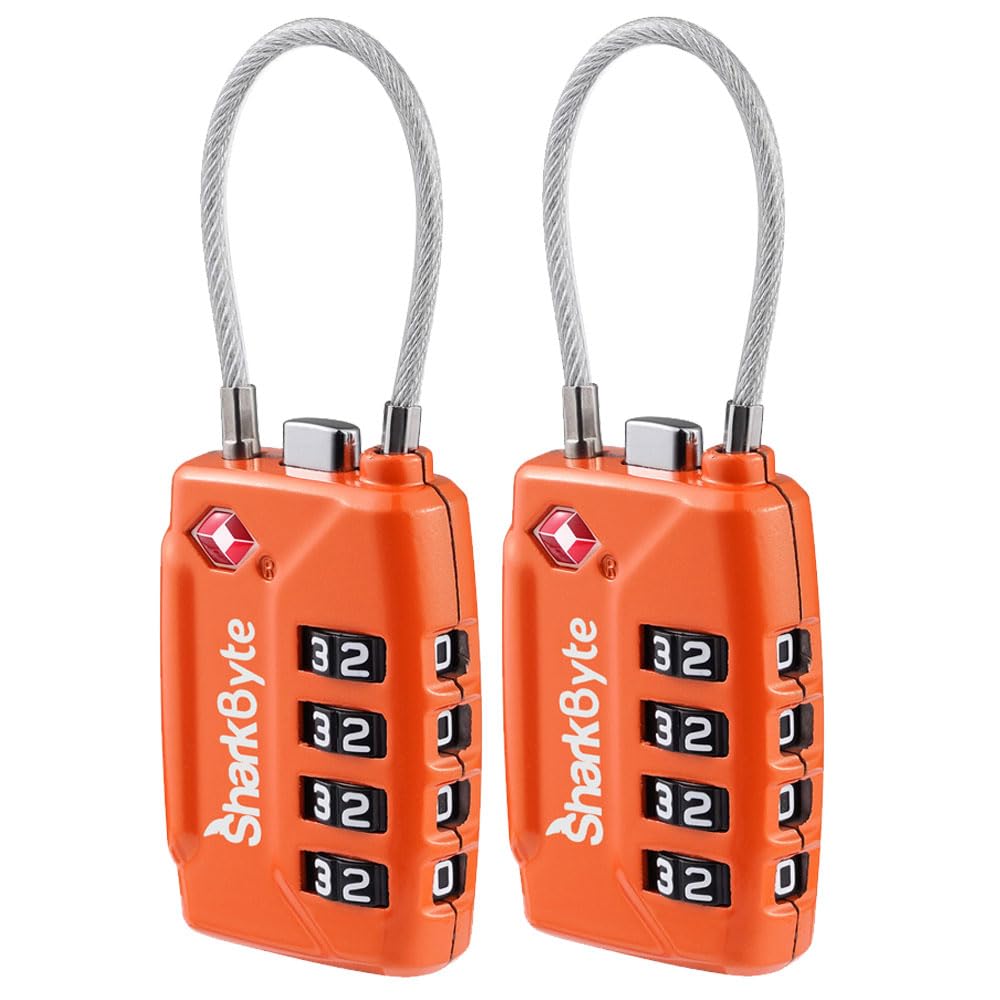 Sharkbyte Orange Tsa Approved Luggage Locks | Wire, 4-Digit Combo (10K Combinations) | Secure Suitcase, Gym Bags & More (2 Pack)