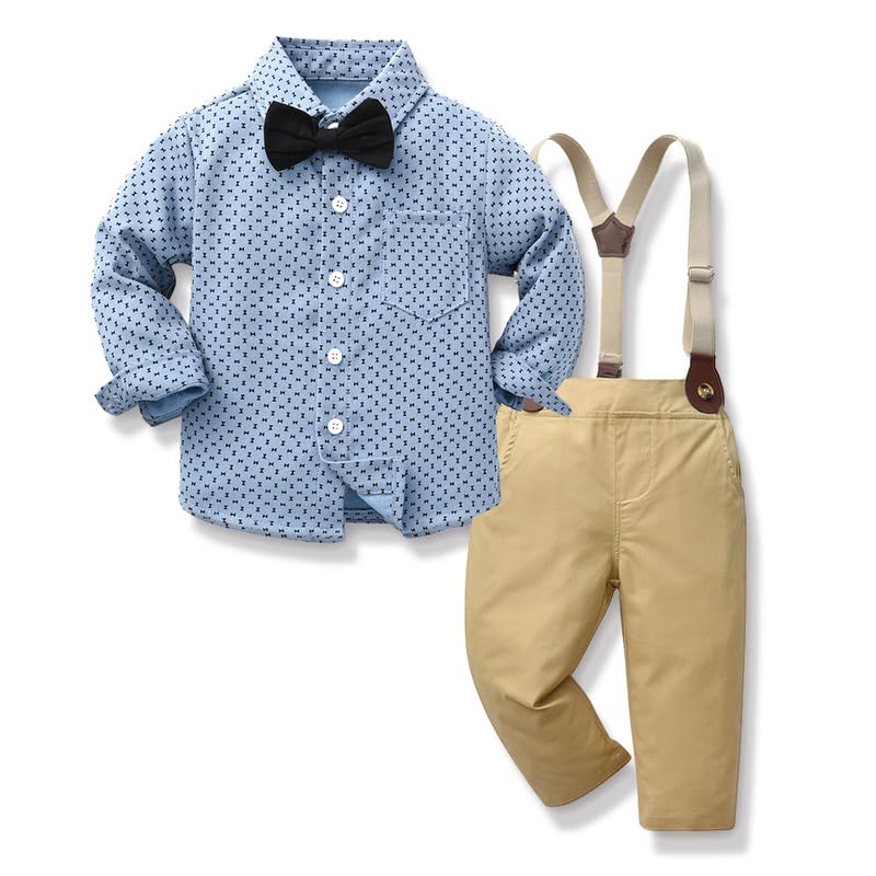 xuntao Ropa Bebe Conjunto Niño Traje de Vestir Conjuntos de Otoño e Invierno Camisa de Manga Larga Pantalón + Pajarita Tirantes Ropa Niño Caballero Azul 0-3 meses