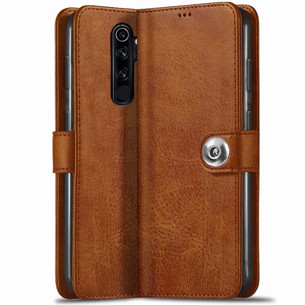 TheGiftKart Genuine Leather Finish Flip Back Cover Case for Redmi Note 8 Pro | Inbuilt Pockets & Stand | Wallet Style | Designer Button Magnet Flip Cover Back Case for Redmi Note 8 Pro (Brown)