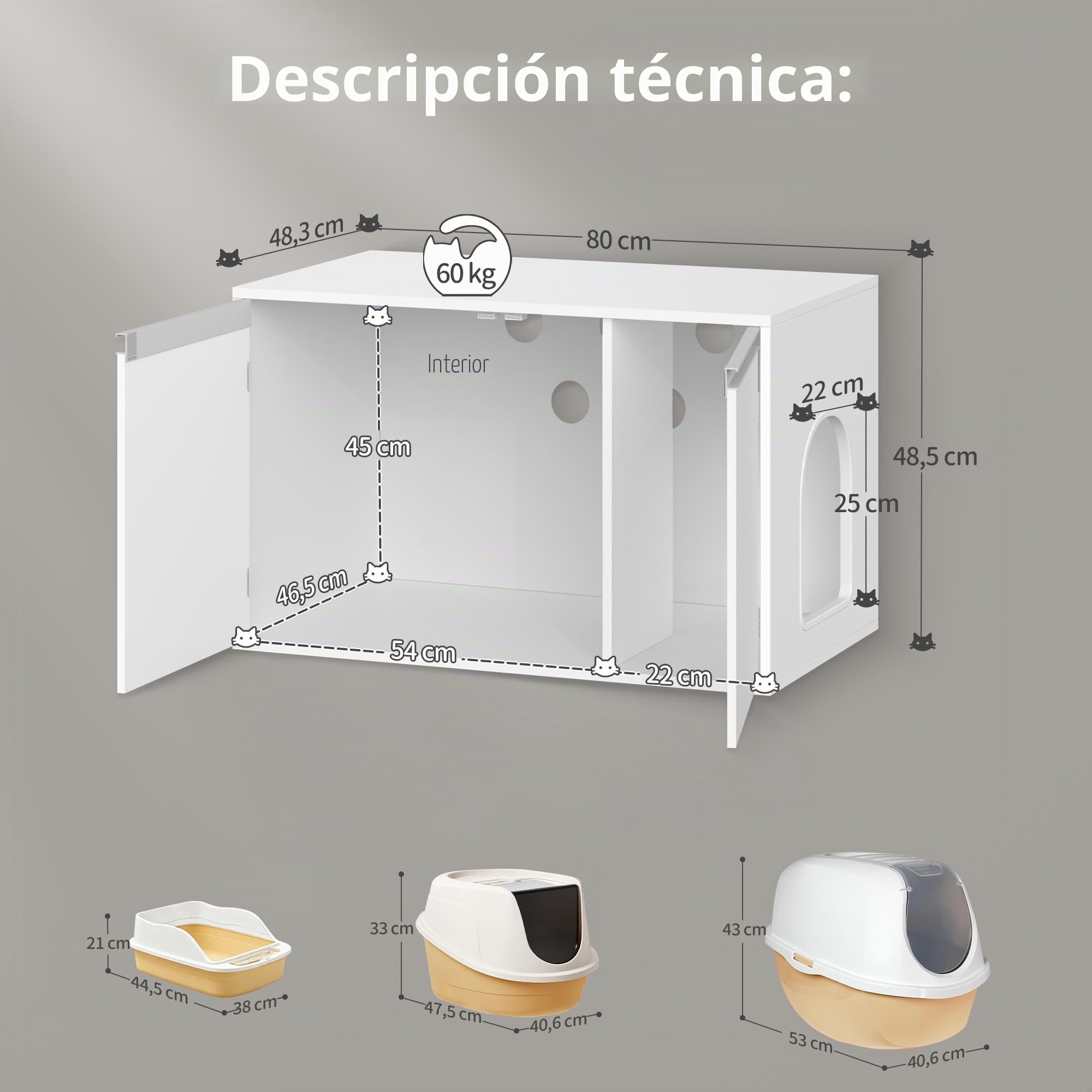 Hzuaneri Mueble Arenero Gatos, Casa para Gatos con Puerta y tabique Separado, 80 x 48,5 x 48,5 cm, Blanco CB01403X