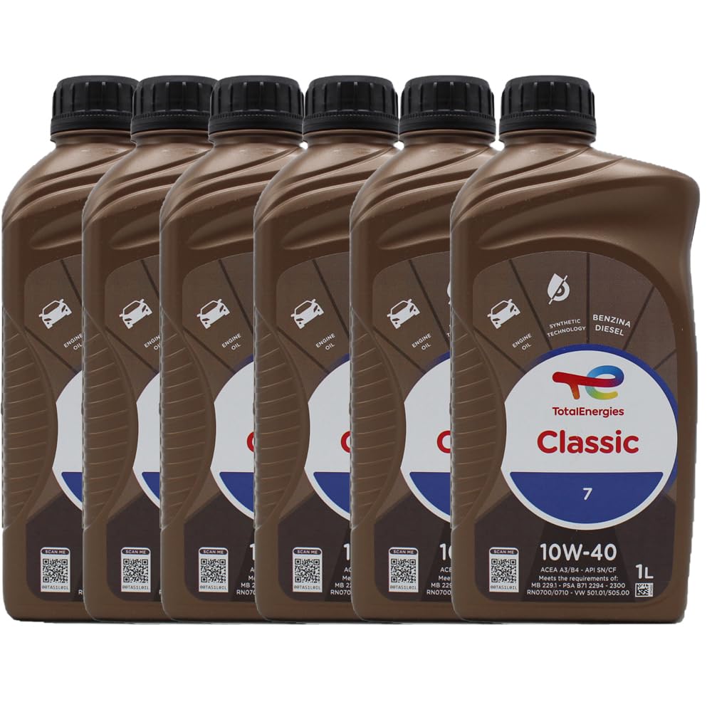 TOTAL 218996 CLASSIC 7 NUOVA FORMULA OLIO MOTORE A BASE SINTETICA 10W40 PER MOTORI DIESEL E BENZINA SENZA DPF. ADATTO ANCHE PER MOTORI GPL/METANO. CONFEZIONE 6 LITRI