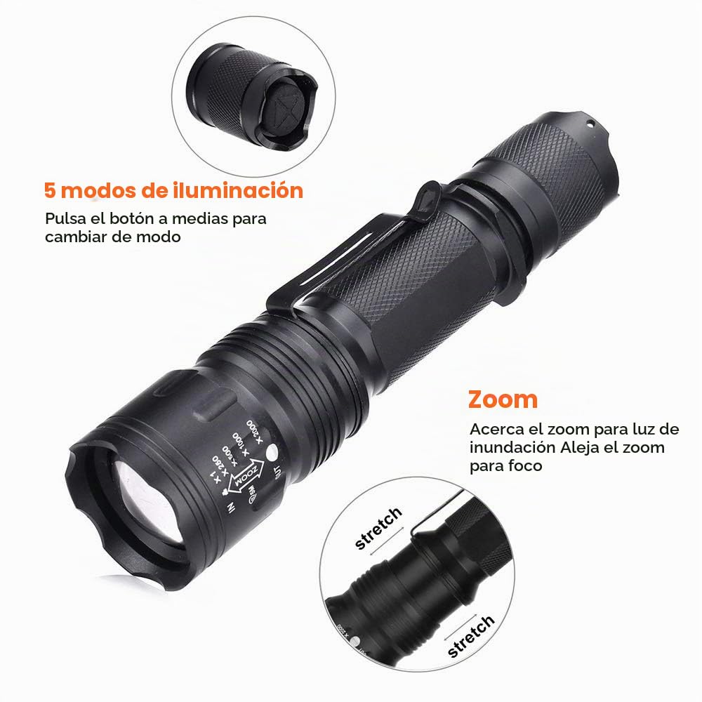 Linterna Táctica Recargable 1200 Lúmenes, Linternas LED de Alta Potencia para Caza con Interruptor de Presión Zoom y 5 Modos(Batería y Cargador Incluidos)