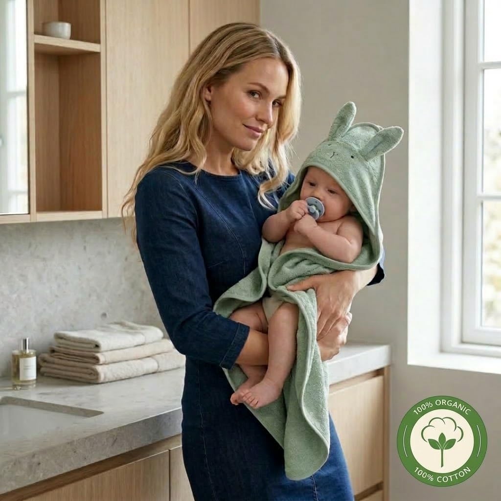 Toalla con capucha para bebé, toallas de baño de algodón orgánico, toallas para bebé, toallas de baño para bebé, 32 x 32 pulgadas, toallas de bebé súper suaves y absorbentes para recién nacidos (verde