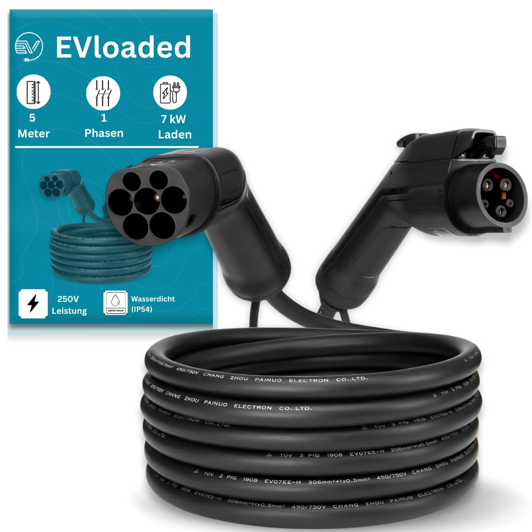 Cable de Carga Tipo 2 a Tipo 1 para Coches Eléctricos – 7kW (32A, AC) – 5m – Compatible con Nissan Leaf, Kia Soul EV, BMW i3 (US), VW e-Golf (US) – IP54 – 2 Años de Garantía