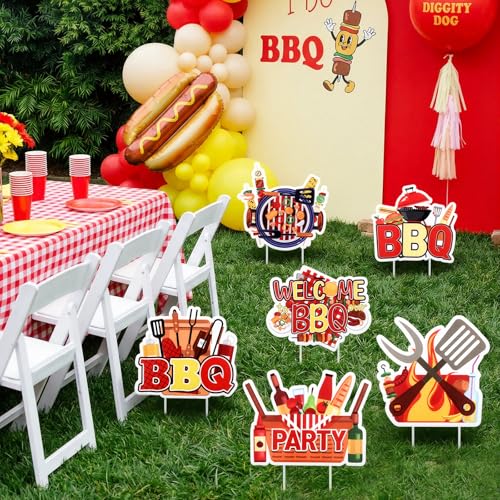 Yookeer 6 Pcs BBQ Party Decorations Yard Sign BBQ Baby Shower Decorations Waterproof Barbecue Centerpieces, Summer Picnic Decor for Outdoor Birthday Picnic Themed Party Decoration Supplies