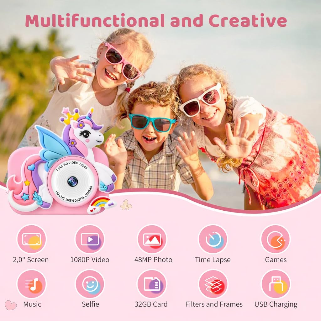 1080P HD fotocamera digitale per bambini con schermo da 2,0" e scheda da 32 GB, regalo per compleanno Natale, macchina fotografica giocattolo per 3-12 ragazze ragazzi