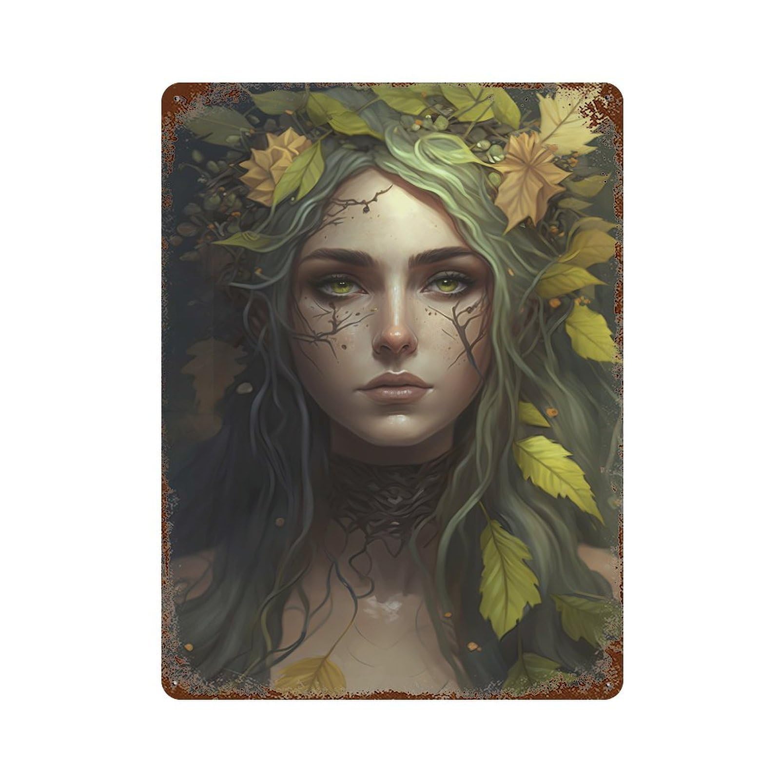 Rust Effect Forest Nymph Portrait Weathered Tin Sign 15.7"x11.8", Shabby Chic Decor for Patio, Garden Room And Bar Decor
