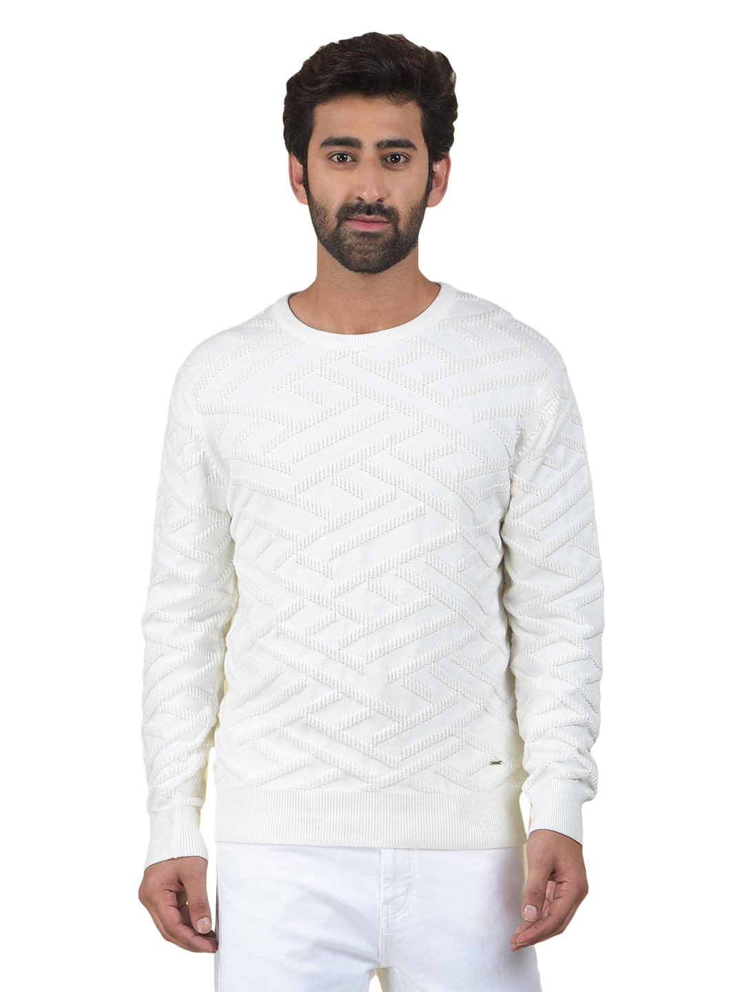 crimsoune club Men's White Jacquard 100% Cotton Sweater-picture-24